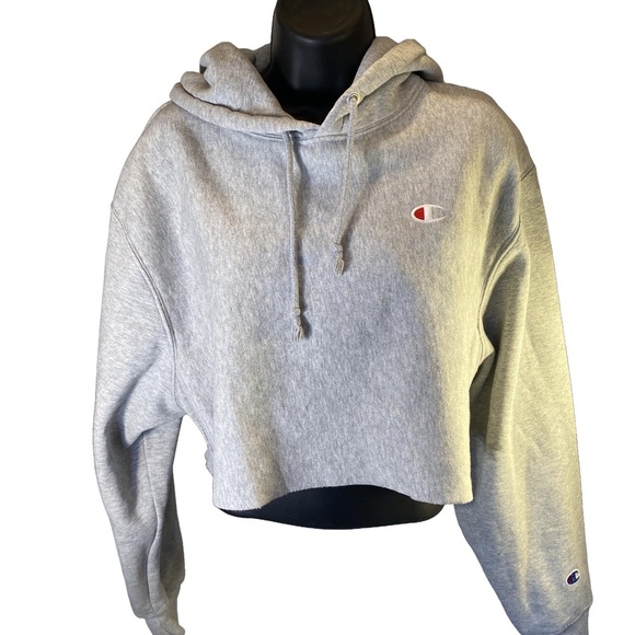 Champion Women's Grey Cropped Hoodie Medium Oversized - Picture 2 of 7